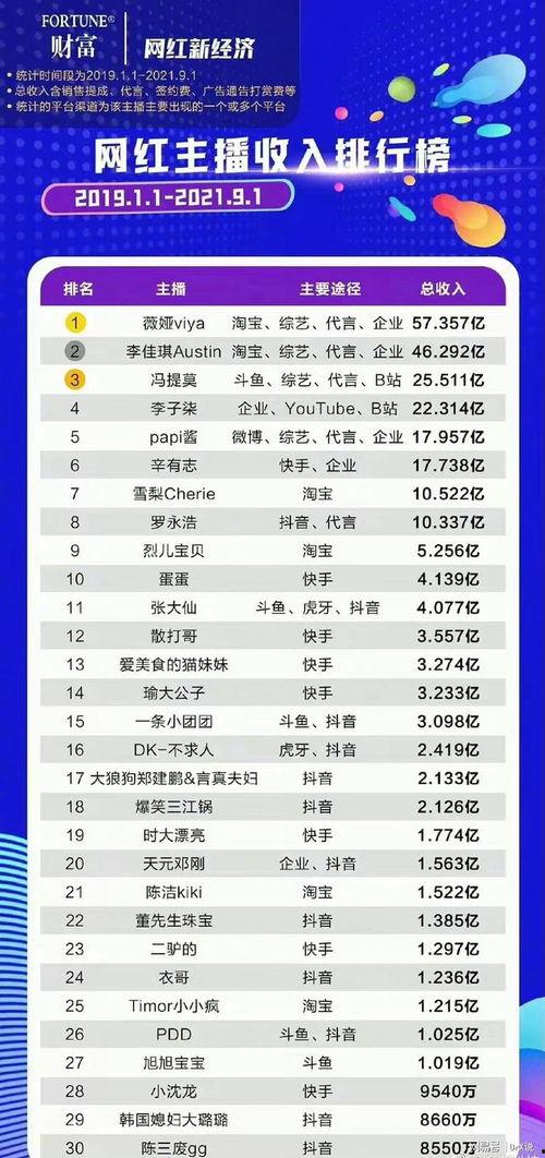 各种网红主播收入排名,揭秘网络红人的财富密码